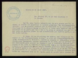 Carta del periódico La Correspondencia Militar al primer oficial [de la secretaría] de la Academi...