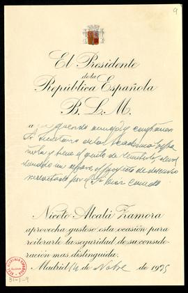 Besalamano de Niceto Alcalá-Zamora, presidente de la República, al secretario con el que le remit...