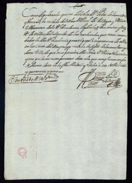 Recibo de Jacinto García Salazar, apoderado de Pedro de Saavedra y Fajardo, de 210 reales de vell...