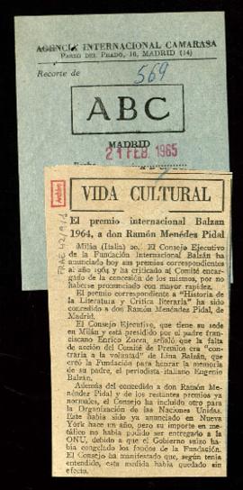 Recorte del diario ABC con la noticia El premio internacional Balzan 1964, a don Ramón Menéndez P...
