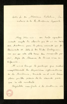 Carta de Ramón Menéndez Pidal a Mariano Catalina por la que acepta su elección como académico de ...