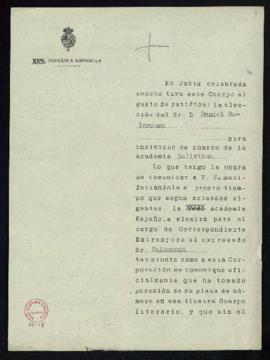 Copia sin firma del oficio del secretario a Víctor Muñoz Reyes, secretario de la Academia Bolivia...