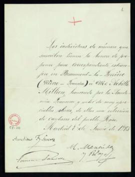 Propuesta firmada por Aureliano F[ernández]-Guerra, M[arcelino] Menéndez y Pelayo y Eduardo Saave...