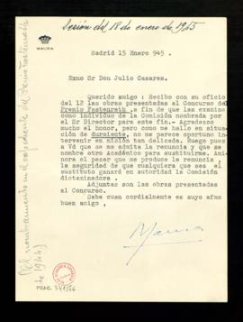 Carta de Gabriel Maura a Julio Casares con su renuncia como miembro de la comisión del Premio Fas...