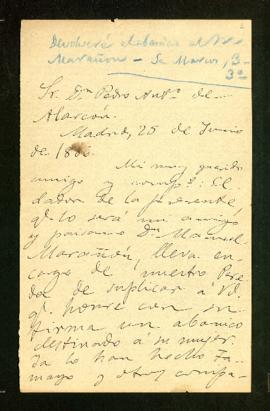 Carta de Marcelino Menéndez Pelayo a Pedro [Antonio] de Alarcón en la que le pide que firme un ab...