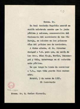 Copia del oficio del secretario, Alonso Zamora Vicente, a Carlos Clavería de traslado de su desig...