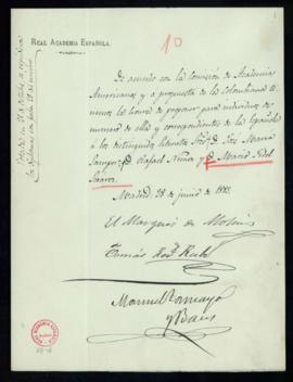 Propuesta de José María Samper, Rafael Núñez y Marco Fidel Suárez como miembros de número de la A...
