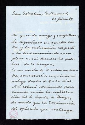 Carta de  Julio de Urquijo [al secretario] en la que agradece la indicación recibida de la conven...