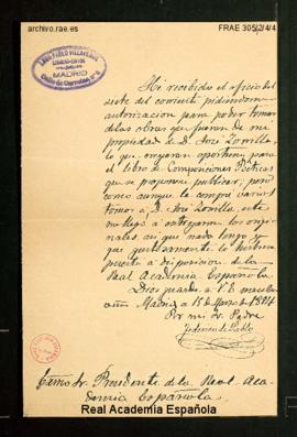 Carta de Federico de Pablo al director, conde de Cheste, en la que indica que él no tiene los ori...