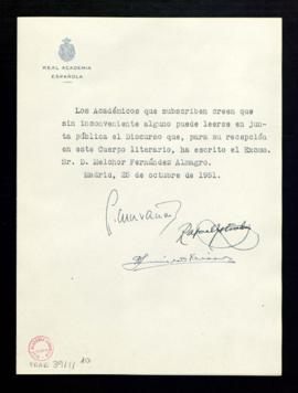 Informe favorable de censura al discurso que Melchor Fernández Almagro ha escrito para su recepci...
