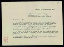 Copia de la carta de Julio Casares a J. A. van Praag en la que le informa del envío de la medalla...