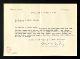 Carta de Ángel María de Lera a Melchor Fernández Almagro con la que le envía la versión alemana d...