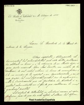 Carta del alcalde de Valladolid, Pedro Vaquero Concellón, al director, conde de Cheste, de agrade...