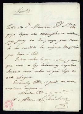 Carta de Vicente González Arano a Mauricio de Cano y Llano en la que le dice que el señor Urquijo...