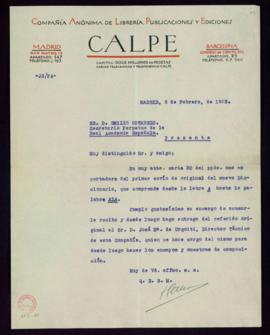 Carta de J. Gallach Torras, director gerente de Calpe, a Emilio Cotarelo en la que acusa recibo d...