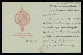 Carta de Eugenio de Castro a Emilio Cotarelo en la que le manifiesta que asistió en representació...