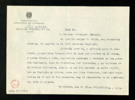 Carta de Faustino Vázquez García, jefe de la sucursal n.º 12 de Correos, a Melchor Fernández Alma...