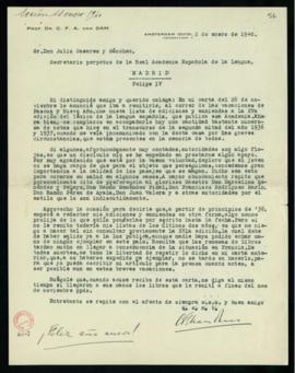 Carta de C. F. Adolf van Dam a Julio Casares con la que remite una nueva lista de enmiendas y adi...