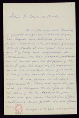 Carta de Luis F[e]r[nánde]z-Guerra al conde de Cheste en la que le ruega que traslade a los acadé...