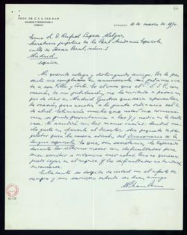 Carta de C. F. Adolf van Dam a Rafael Lapesa en la que le informa de que va a pasar unos días en ...