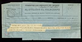 Telegrama de pésame de Antonio Alcalá Venceslada por el fallecimiento del director Miguel Asín