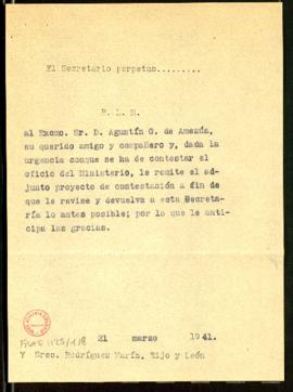 Minuta del besalamano del secretario a Agustín González de Amezúa, Francisco Rodríguez Marín, Leo...
