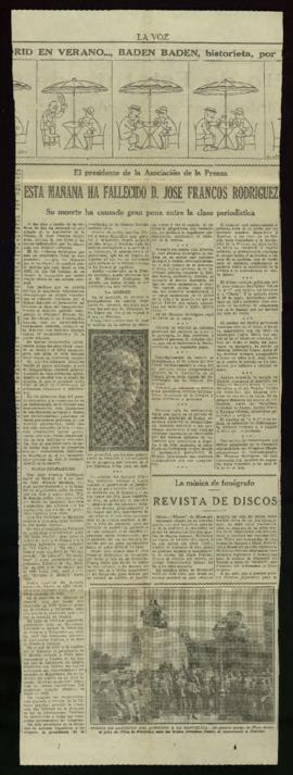 Recorte del diario La Voz de 13 de julio de 1931, con la noticia del fallecimiento de José Franco...