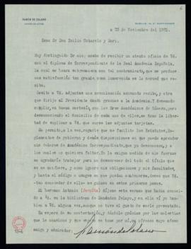 Carta de Ramón de Solano y Polanco a Emilio Cotarelo en la que acusa recibo del diploma de académ...