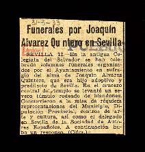 Recorte del diario Pueblo con la noticia Funerales por D. Joaquín Álvarez Quintero en Sevilla