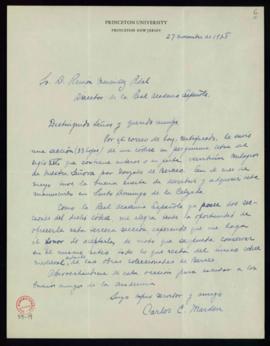 Carta de Charles C. Marden a Ramón Menéndez Pidal, director, en la que le comunica que envia para...