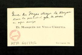 Tarjeta del marqués de Villaurrutia en la que felicita a Melchor Fernández Almagro el día de Reyes