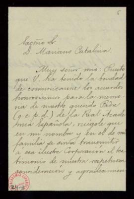Carta de Mercedes Moret al secretario, Mariano Catalina, de agradecimiento a la Academia por el p...