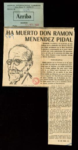 Recorte del diario Arriba con el artículo Ha muerto don Ramón Menéndez Pidal