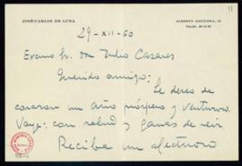 Carta de José Carlos de Luna a Julio Casares en la que le desea un año próspero y venturoso