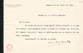 Carta de Juan José Quintero a Julio Casares con la que remite un retrato de Joaquín Álvarez Quint...