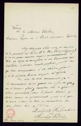 Carta de Dolores Salvador de Sánchez Pérez al secretario, Mariano Catalina, de agradecimiento a l...