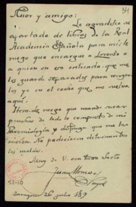 Tarjeta postal de Juan Moneva y Puyol a Julio Casares en la que le pide que encargue a Lorenzo qu...