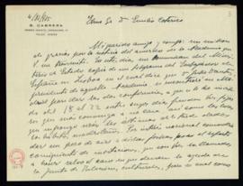 Carta de Blas Cabrera a Emilio Cotarelo en la que le indica que tiene noticia por el embajador de...