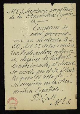 Carta del conde de las Navas a Emilio Cotarelo con el que le devuelve el discurso de ingreso de R...