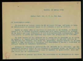 Minuta de la carta de Julio Casares a C. F. Adolf van Dam en la que le indica que le envía una co...