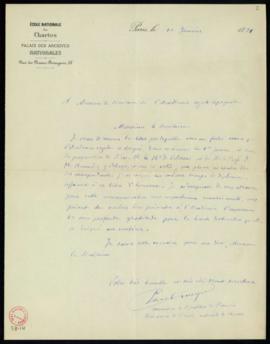 Carta de Paul Meyer al secretario [Manuel Tamayo y Baus] de traslado del agradecimiento a la Acad...