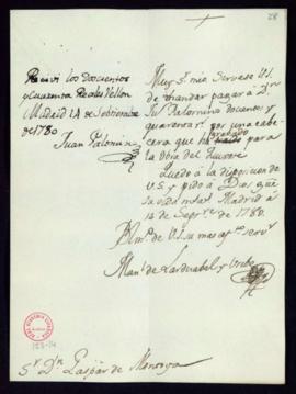 Orden de Manuel de Lardizábal del pago a Juan Palomino de 240 reales de vellón por una cabecera p...