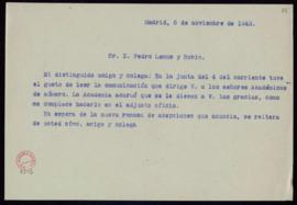 Minuta de la carta de Julio Casares a Pedro Lemus y Rubio en la que le informa de que leyó su com...