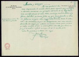 Carta de Juan Moneva a Julio Casares en la que le pide que le envíe el Anuario