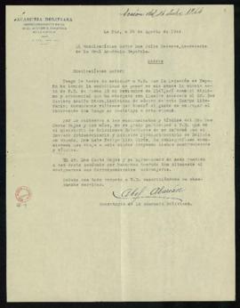 Carta de Abel Alarcón, secretario de la Academia Boliviana, a Julio Casares en la que acusa recib...