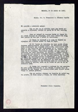 Copia sin firma de la carta de Julio Casares a Francisco J. Sánchez Cantón en la que responde a l...