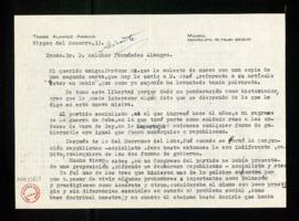 Carta de Tomás Álvarez Angulo a Melchor Fernández Almagro en la que le dice que al partido social...