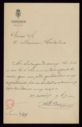 Carta de Víctor Balaguer a Mariano Catalina [secretario de la Academia] con la que remite la nota...
