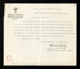 Carta de Federico Carlos Krutwig, de la Academia de la Lengua Vasca, al secretario a la que adjun...