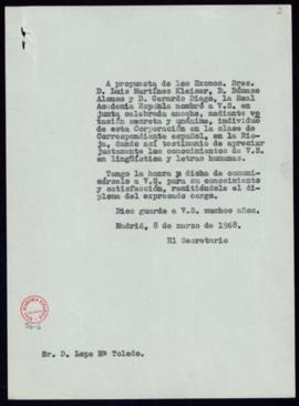 Copia sin firma del oficio del secretario a José María Lope Toledo de traslado de su nombramiento...